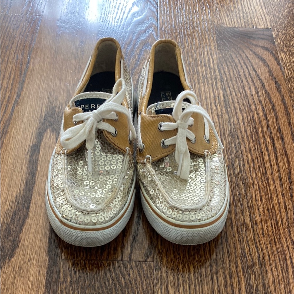 Sperry Tan and Gold Sequin Boat Shoes